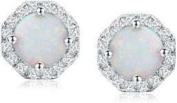 CAIDIKA 925 Sterling Silver Octagon Shaped Birthstone Earrings Small Halo Stud Earrings for Women Birthday Jewelry (with Gift Box), White Gold, Created Opal