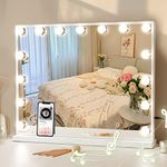 COOLJEEN Vanity Mirror with Lights and Bluetooth, Hollywood Makeup Mirror with 15 Dimmable LED Bulbs and USB Charging Port, Lighted Vanity Mirror 3 Color Lighting Tabletop Makeup Mirror, Touch Control