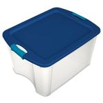 Sterilite 18 Gal Latch and Carry, Stackable Storage Bin with Latching Lid, Plastic Container to Organize Closets, Clear with Blue Lid, 18-Pack