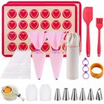 Silicone Macaron Baking Mat Kit - (27 in 1) Macaroon Baking Mat Heart Set,2 Half Sheet Macaron Silicone Mat,1 Egg Separator,1 Pastry Brush,1 Spatula,6 Frosting Tips,12 Piping Bags