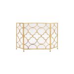 50 Inch 3 Panel Metal Fireplace Screen, Quatrefoil Design, Gold