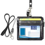 Wisdompro Badge Holder with Lanyard, 2-Sided PU Leather Card Holder Wallet with 1PC Neck Strap,1 ID Window, 4 Card Slots, 1 Side Zipper Pocket for School, Office, Bus Pass - Black (Horizontal)