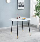 Hallowood Furniture Finley Round Dining Table, Small Table with White Marble Effect Top and Black Metal Legs, Dining Table, Kitchen Table, Wood & Metal Round Table for Home & Cafe