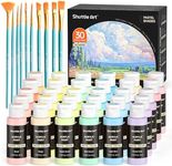 Shuttle Art 40 Pack Pastel Acrylic Paint Set, 30 Colours Paints with 10 Paint Brushes, 60ml/2oz Bottles, High Viscosity, Water-proof Paints for Painting & Crafting on Canvas, Rock, Ceramic, Fabric