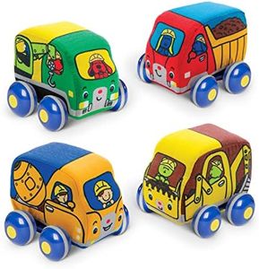 Melissa & Doug Pull-Back Construction Vehicles - Soft Baby Toy Play Set of 4 Vehicles - Cars For Infants, Construction Toys, Pull Back Cars For Babies Ages 9m+