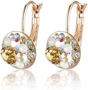 Multicolored Austrian Crystal Drop Earrings for Women 14K Gold Plated Hypoallergenic Leverback Dangle Earrings (Yellow Main Crystal/Rose Gold-tone)