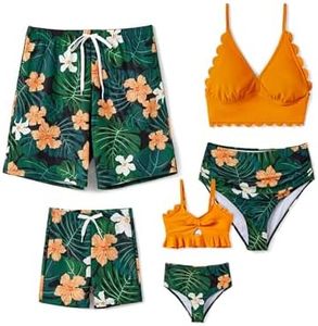 PATPAT Matching Family Swimsuits His and Hers Couple Bathing Suits Orange Solid Color Bikini Top and Floral Print Two Piece Swimwear for Men XL