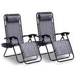 SereneLife Zero Gravity Reclining Chair, Tanning Chair, Patio Chair, Adjustable Beach Chair, Set of 2 Lawn Chairs w/Cup Holder Side Tables, Padded Removable Headrest Pillows