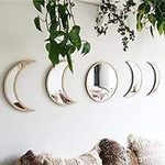 5 Pieces Scandinavian Natural Decor Acrylic Wall Decorative Mirror Interior Design Wooden Moon Phase Mirror Bohemian Wall Decoration for Home Living Room Bedroom Decor - Acrylic,Not Real Mirror(Beige)