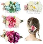 4 Pack Artificial Flower Metal Hair Side Combs Slide Clips With Teeth Floral Bows Hairpins Grips Barrettes Clamps Headpieces for Women Wedding Decorative Holiday Party Bun Chignon Twist Accessories