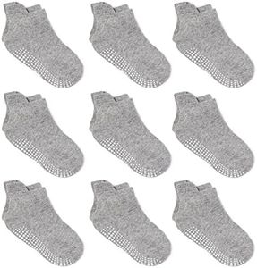 ZAPLES Baby Non Slip Grip Ankle Socks with Non Skid Soles for Infants Toddlers Kids Boys Girls, Gray, 12-36 Months