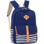 Leaper Stripe Canvas School Backpack for Kids Girls Large Laptop Bag Travel Shoulder Bag Bookbag Daypack Blue