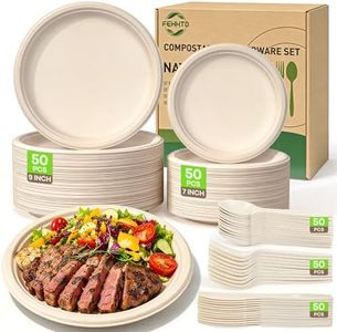 FEHHTO Compostable Paper Plates Set, 250PCS Disposable Heavy-Duty Sugarcane Plate and Eco-Friendly Utensil Biodegradable Dinnerware Plates, Extra Long Forks & Knives & Spoons for Party