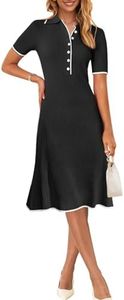 MEROKEETY Women's V Neck Ribbed Knit Midi Dress Short Sleeve Button Elegant Bodycon Sweater Dresses, Black, Medium