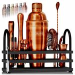 BARE BARREL® Cocktail Making Kit | 14-Piece Bartender Kit Cocktail Shaker Set Maker | Display Stand & 35 Recipe Cards | Mixology Cocktail Gift Set (675ml/24oz Cobbler Shaker, Chestnut Copper/Black)