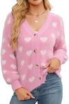 ECOWISH Women Floral Cropped Cardigan: Fall Long Sleeve Button Down Fuzzy Heart Print Knit Sweaters Casual Y2k Outerwear 407 Pink S