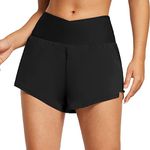 BALEAF Swim Shorts Women High Waisted Board Shorts with Liner Tummy Control Cross Waist Swimsuit Bottoms Modest Black M