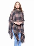 Belle Dame Women's Plaid Turtleneck Knit Poncho Batwing Tassels Shawl Cape Pullover Sweater Cloak High Collar (CP122-PK)