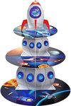 3 Tiers Rocket Space Station Cupcake Stand Outer Space Birthday Party Cardboard Cupcake Holder Decorations Galaxy Party Dessert Tower Solar System Party Supplies for Kids Space Themed Baby Shower