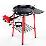 GRISUN Paella Pan, Paella Burner and Stand Set, Paellera Set, 24 Inch Enameled Paella Pan Set, with Built-In Ignitor, Regulator Hose, Carry Bag, Durable Legs with Bottom Shelf, Side Shelf(19 Servings)