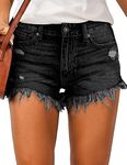 Necooer Womens Denim Shorts Summer Mid Waist Hem Ripped Stretchy Distressed Denim Shorts (Medium, Black)