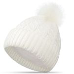 FORVEVO Bobble Hat Women White Winter Beanie Hats Knitted Hat Ladies Warm with Fleece Lined & Detachable Pom Pom Cap