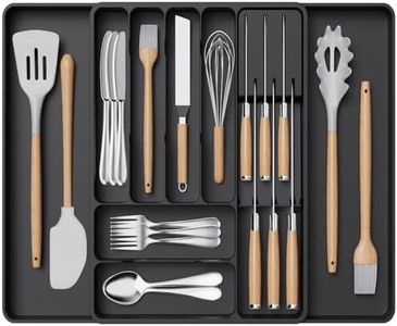 Lifewit Silverware Organizer for Kitchen Drawers, Expandable Utensil Tray with Removable Knife Block, Adjustable Cutlery and Flatware Holder, Plastic Spoon Forks Holder Storage Divider, Large, Black