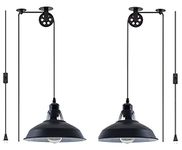 Plug in Pendant Light Industrial Pulley Pendant Lamp E26 Vintage Hanging Light Fixture with 16.4ft Cord On/Off Switch for Pool Table,Houseplant Grow Lights,Kitchen Island,Sink 2 Pack Black