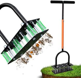 RIFPOD Lawn Aerator, Automatic Dirt and Leaf Clean Design, Heavy Duty Manual Lawn Aerator Tool with 15 Iron Spikes, Height Adjustable, Yard Grass Aerator for Lawn(Black with Orange)
