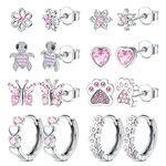 HAIAISO 8 Pairs 925 Sterling Silver Stud Earrings Set Hypoallergenic Pink Heart Cz Earrings Cute Butterfly Flower Dog Paw Turtle Stud Earrings Hoops Earrings For Girl Women