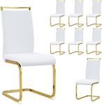 Dining Room Chairs Set of 8,Faux Leather Dining Chairs Set of 8 with Gold Metal Leg,High Back White Leather Chair for Kitchen,Comfortable Heavy Duty Chair for Dining Room,Living Room(WH-8)