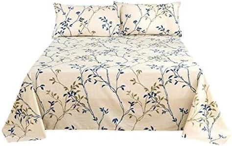Tache Elegant Leaf Vine Nature Earthy Floral Neutral Cream Beige Tan Blue Breathable Poplin Cotton Flat Sheet, King