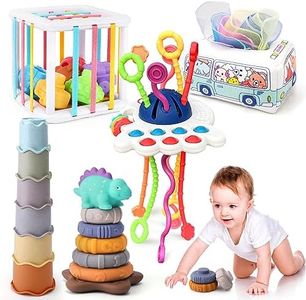 Syahro 5 in 1 Baby Montessori Toys Set Include Shape Sorter Bin with Sound, Baby Tissue Box, Stacking Cups, Pull String Toy, Soft Stacking Rings, Sensory Toys for Infants Toddlers