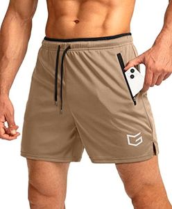G Gradual Men's Running Shorts with Zipper Pockets Quick Dry Gym Athletic Workout 5" Shorts for Men (Khaki, Small)