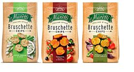 Bruschette Maretti Oven Baked Chips Variety Pack Tomato Olives, Mediterranean Vegetables, Sour Cream & Onion, Each Pack Of 3,70 Grams