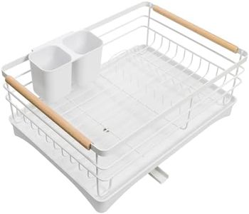 Navaris Dish Drainer Rack with Wooden Handle - Metal Draining Board with Drip Tray - Plate Drying Rack with Utensil Holder - Washing Up Drainers for Kitchen Sink - White