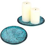 BSTKEY Set of 2 Mosaic Glass Candle Plates, Decorative 15CM Round Candle Plate Holder Pillar Candle Holder, Tealight Candle Mat Cup Plate Coasters (Blue)