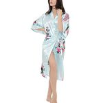 Women's Satin Rose Print Kimono Robe Premium Peacock Bridesmaid Bridal Dressing Gown Sleepwear Nightwear