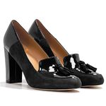 LEHOOR Women Chunky Block High Heel Fringed Pumps Round Toe, Slip On Dress Loafers with Tassel Suede Patent Leather Patchwork for Ladies Girls Office 4-15 M US, Black, 7.5