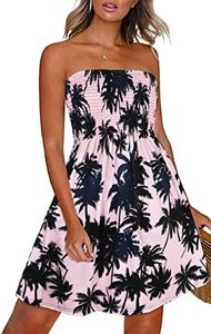 CHICGAL Summer Dresses for Women Strapless Bathing Suit Cover Ups Beach Ruffle Dress.(Pink Black Tree,S)
