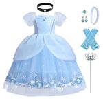 Girls Sofia Cinderella Dress up Deluxe Princess Costume Short Puff Sleeve Sequin Bodice Fairy Tale Carnival Cosplay Party Birthday Christmas Halloween Outfit Blue-06 5-6 Years