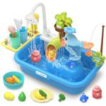 CUTE STONE Blue Play Sink with Running Water, Kitchen Sink Toys with Electric Cloud Faucet, Water Slide Track, Kids Fishing Water Pool Toys Role Play Toddler Boys Girls