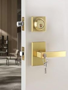 EHOMEWARE Entry Door Handle with Single Deadbolt, 1 Pack Satin Brass Door Lever, Keyed Door Lock Set, Interior Lever Door Handle, Reversible for Left/Right Doors, Heavy Duty Rectangular Design
