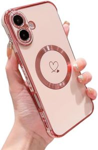 Hosgor Compatible with iPhone Case for Women, [Compatible with MagSafe] Luxury Love Heart Pattern Plating Cover, Soft TPU Shockproof Compatible with Phone Case iPhone 6.1inch 5G (Pink)