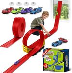 Flex Race Track 16 Ft with Suction Cups Compatible with Diecast 1/64th Cars, Flexible Car Track Toys for Ages 3+ Kids Toddlers Roll Out Portable Racetrack (Red)