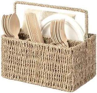 StorageWorks Wicker Flatware Organizer, Hand Woven Seagrass Cutlery Holder for Countertop with Handle, 1 Pack