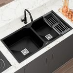 LAPO Dual Bowl Quartz Granite Kitchen Sink | 37x18 Inch UV Protected Surface & Reduce Water Splash Noise | Tap Hole, Coupling, Drain Basket & Hose Pipe | 3 Year Warranty (Black Metallic)