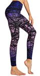 COOLOMG Women's Yoga Long Pants Compression Drawstring Running Tights with Reflector Inner Pocket Non See-through Exercise Workout Leggings Purple Forest Adults Medium