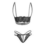 Psychovest Women's Lace Front Open Micro Bra and Panty Lingerie Set Free Size (Black)