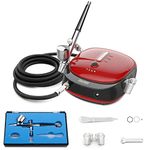 Oasser Airbrush Kit with Compressor Portable Airbrush Compressor Dual-Action Handheld Airbrush Set Rechargeable with LED Lights for Painting Modeling Makeup Art Creation Suitable for Beginners Red